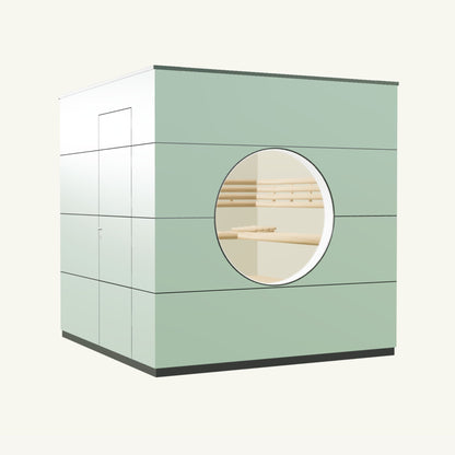 SAUNA KUBUS Basis – Gartensauna aus Holz für 1-4 Personen inkl. EOS Saunaofen in Grün – 2,21 m x 2,08 m