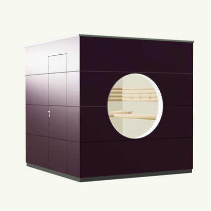 SAUNA KUBUS Basis – Gartensauna aus Holz für 1-4 Personen inkl. EOS Saunaofen in Lila – 2,21 m x 2,08 m