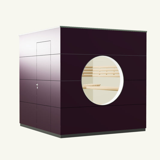 SAUNA KUBUS Basis – Gartensauna aus Holz für 1-4 Personen inkl. EOS Saunaofen in Lila – 2,21 m x 2,08 m