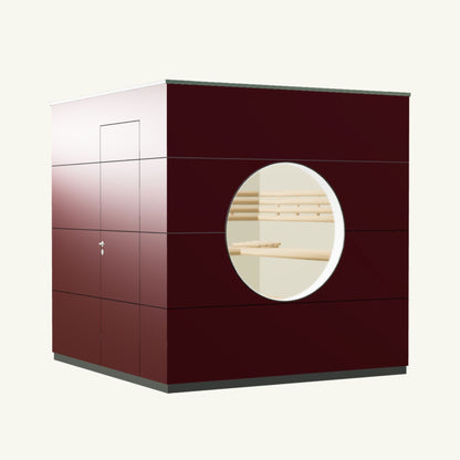 SAUNA KUBUS Basis – Gartensauna aus Holz für 1-4 Personen inkl. EOS Saunaofen in Rot – 2,21 m x 2,08 m