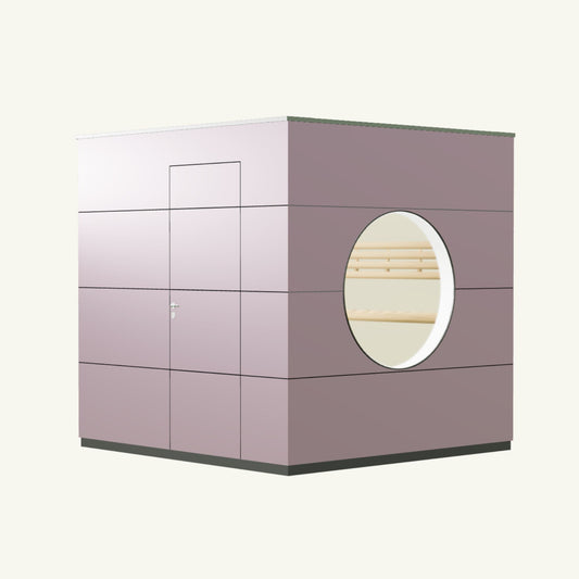 SAUNA KUBUS Basis – Gartensauna aus Holz für 1-4 Personen inkl. EOS Saunaofen in Rosa – 2,21 m x 2,08 m