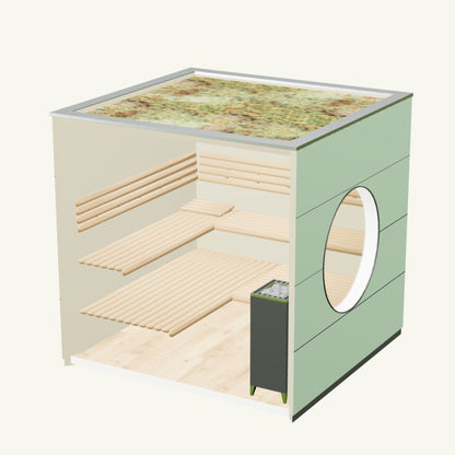 SAUNA KUBUS Basis – Gartensauna aus Holz für 1-4 Personen inkl. EOS Saunaofen in Grün – 2,21 m x 2,08 m