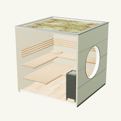 SAUNA KUBUS Basis – Gartensauna aus Holz für 1-4 Personen inkl. EOS Saunaofen in Hellgrau – 2,21 m x 2,08 m
