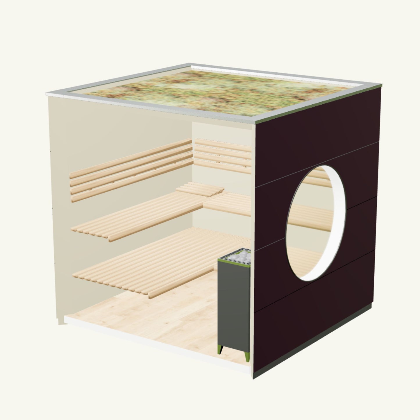 SAUNA KUBUS Basis – Gartensauna aus Holz für 1-4 Personen inkl. EOS Saunaofen in Lila – 2,21 m x 2,08 m