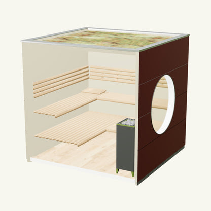 SAUNA KUBUS Basis – Gartensauna aus Holz für 1-4 Personen inkl. EOS Saunaofen in Rot – 2,21 m x 2,08 m