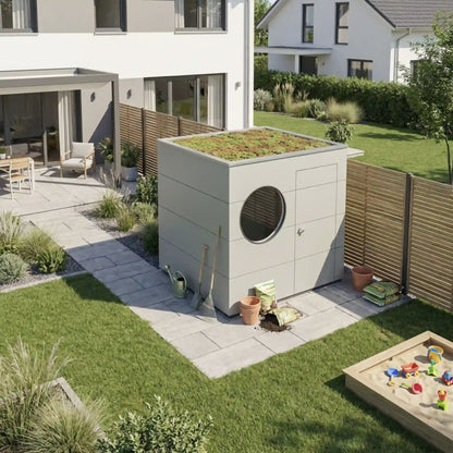 [KI-Bild] Geräte Kubus - hellgrau mit Rundfenster und Dachbegrünung im Garten eines modernen Hauses