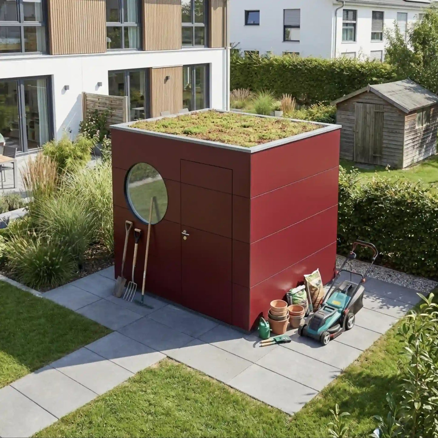 [KI-Bild] Geräte Kubus mit roter Holzfassade, Gründach und rundem Fenster, dabenben Gartenutensilien