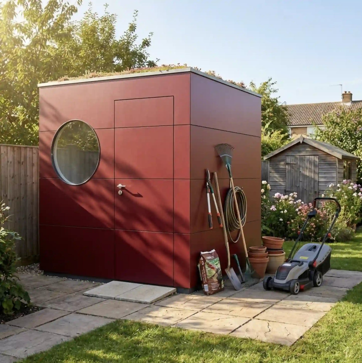 [KI-Bild] Geräte Kubus mit roter Holzfassade, kleinem runden Fesnter und begrüntem Flachdach im Garten