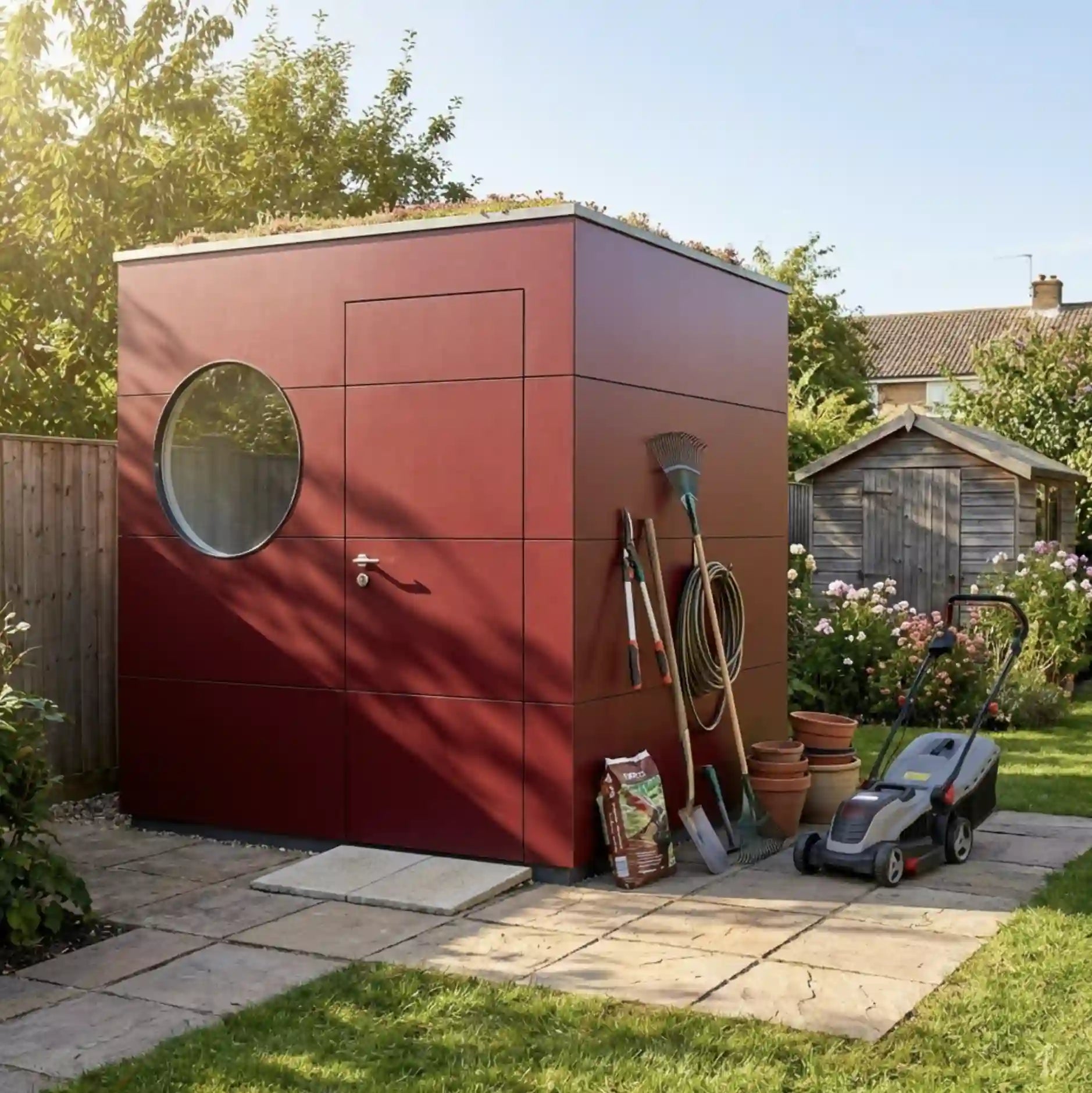 [KI-Bild] Geräte Kubus mit roter Holzfassade, kleinem runden Fesnter und begrüntem Flachdach im Garten
