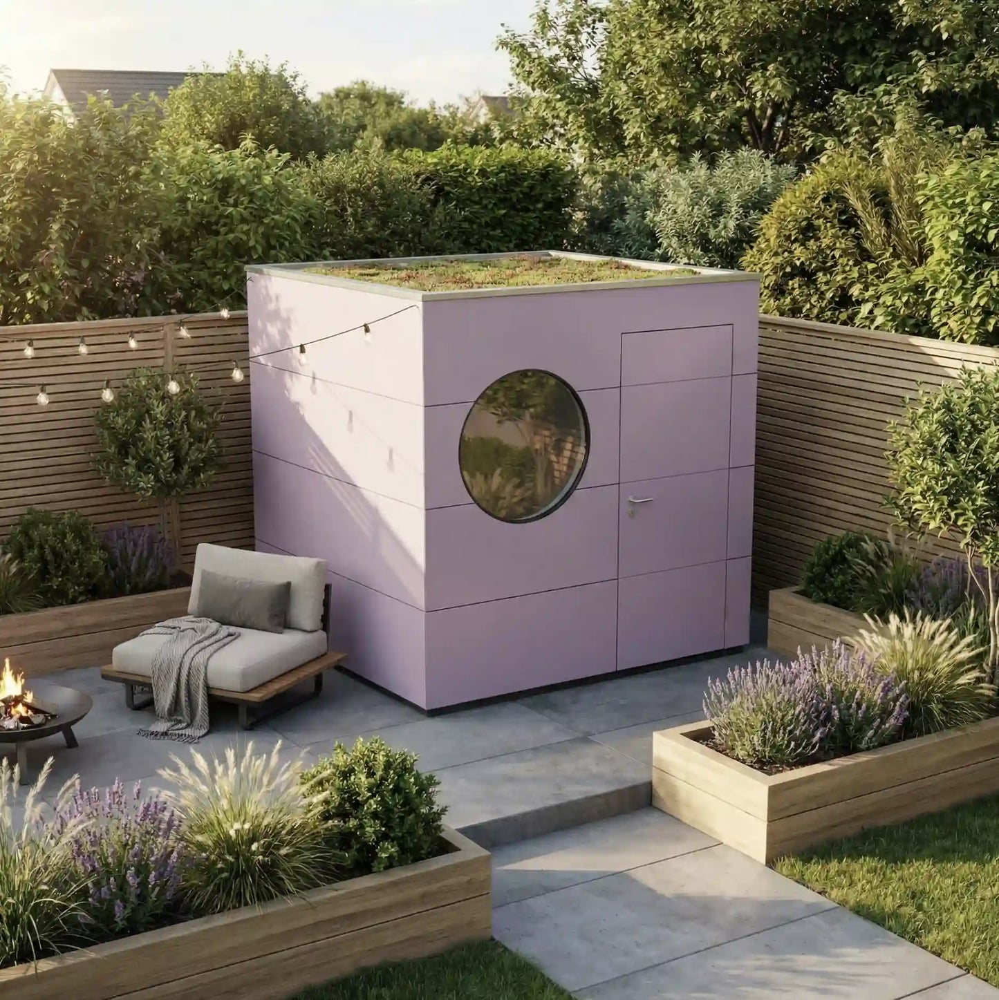[KI-Bild] Geräte Kubus mit rosa Holzfassade und Rundfenster auf Terrasse neben Feuerschale und Sessel