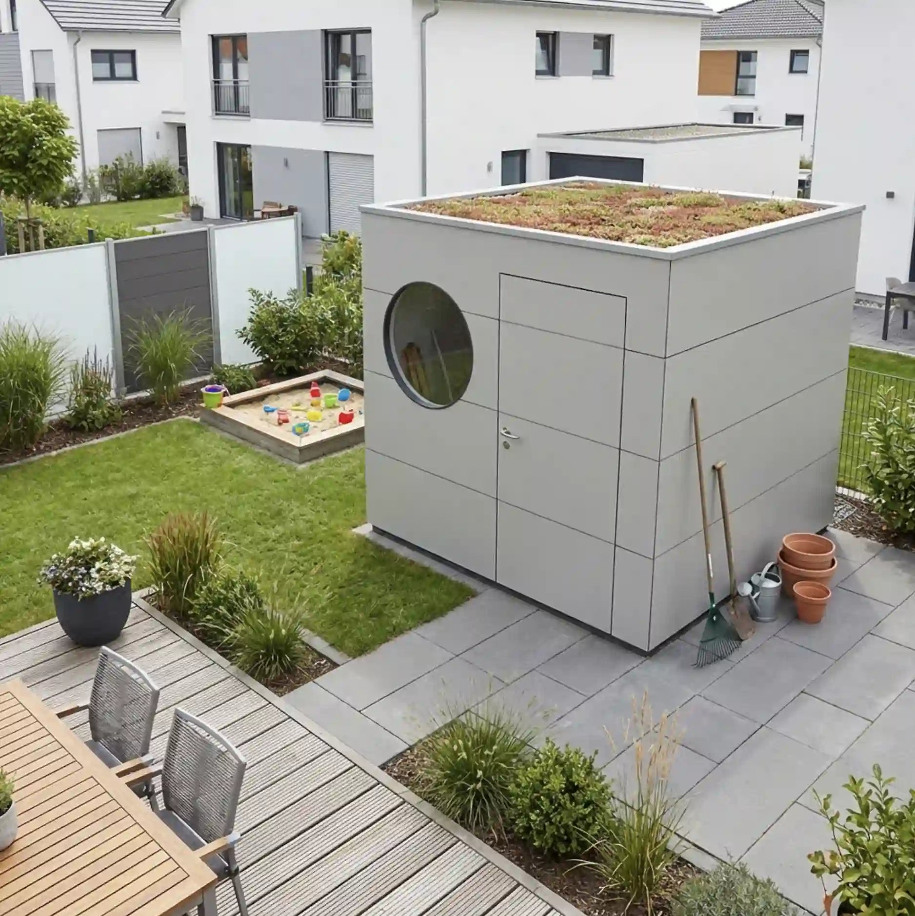 [KI-Bild] Geräte Kubus mit hellgrauer Holzfassade und Rundfenster in einem kleinen Garten