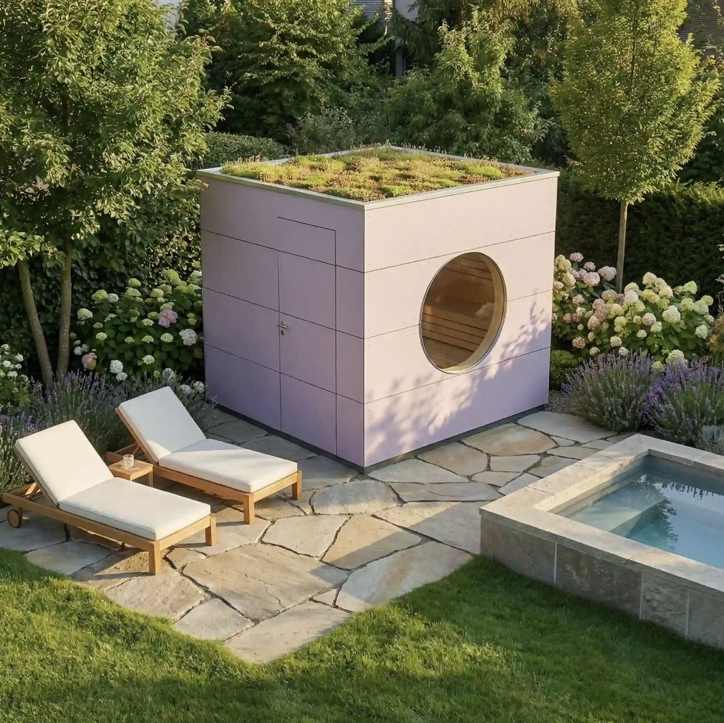 [KI-Bild] Sauna Kubus mit rosa Holzfassade, Rundfenster und begrüntem Flachdach, daneben Liegen und Tauchbecken