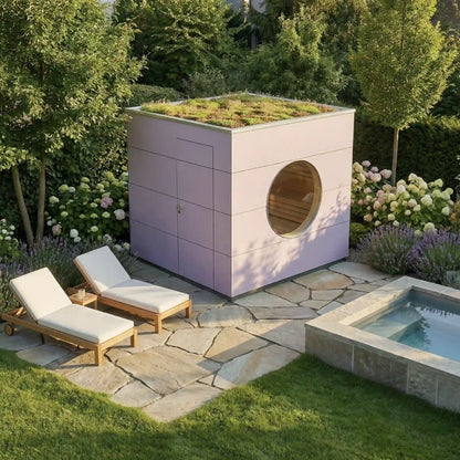 [KI-Bild] Sauna Kubus mit rosa Holzfassade, Rundfenster und begrüntem Flachdach, daneben Liegen und Tauchbecken