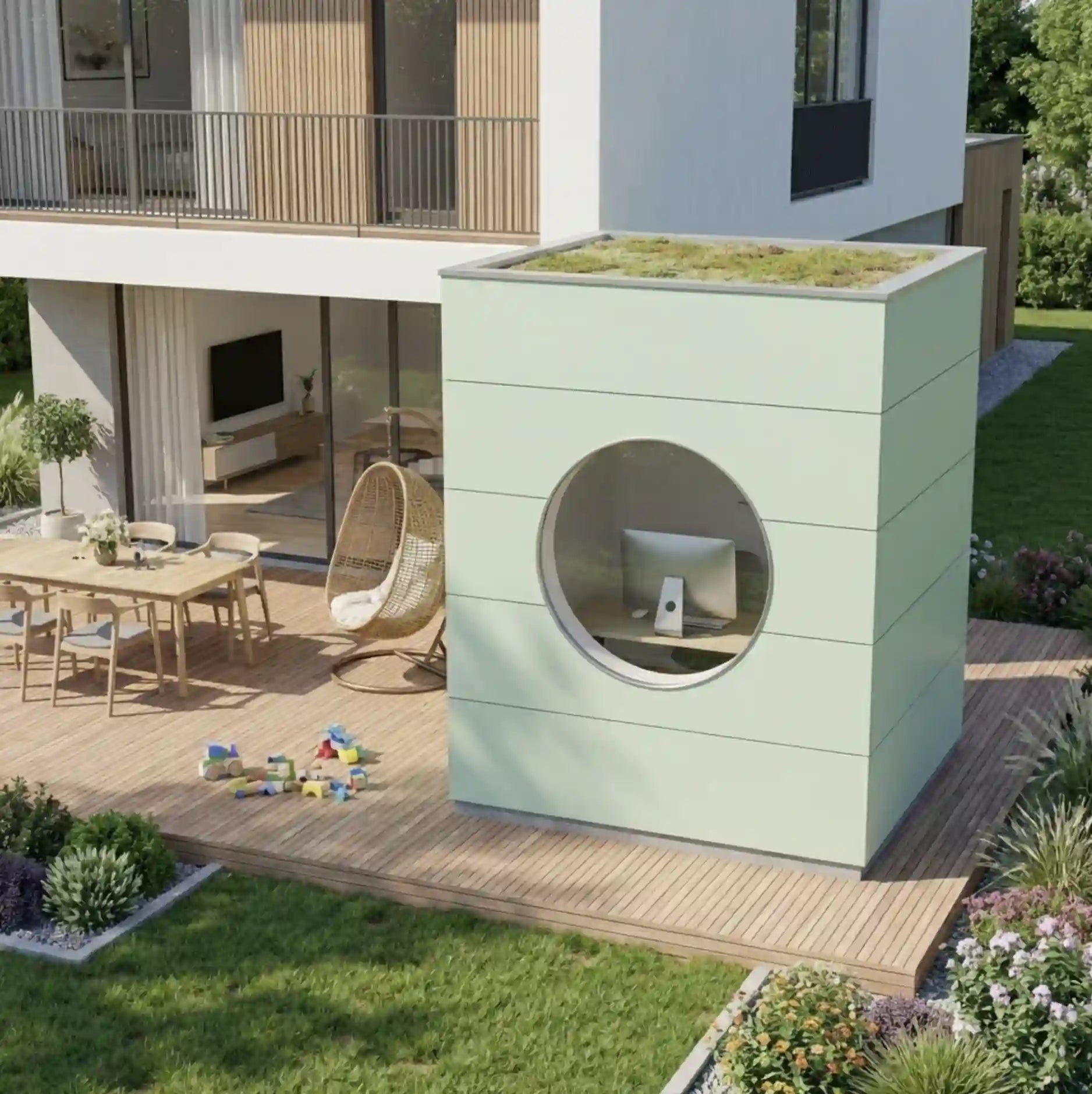 [KI-Bild] Office Kubus mit grüner Holzfassade und rundem Fenster auf Holzterrasse eines modernen Wohnhauses