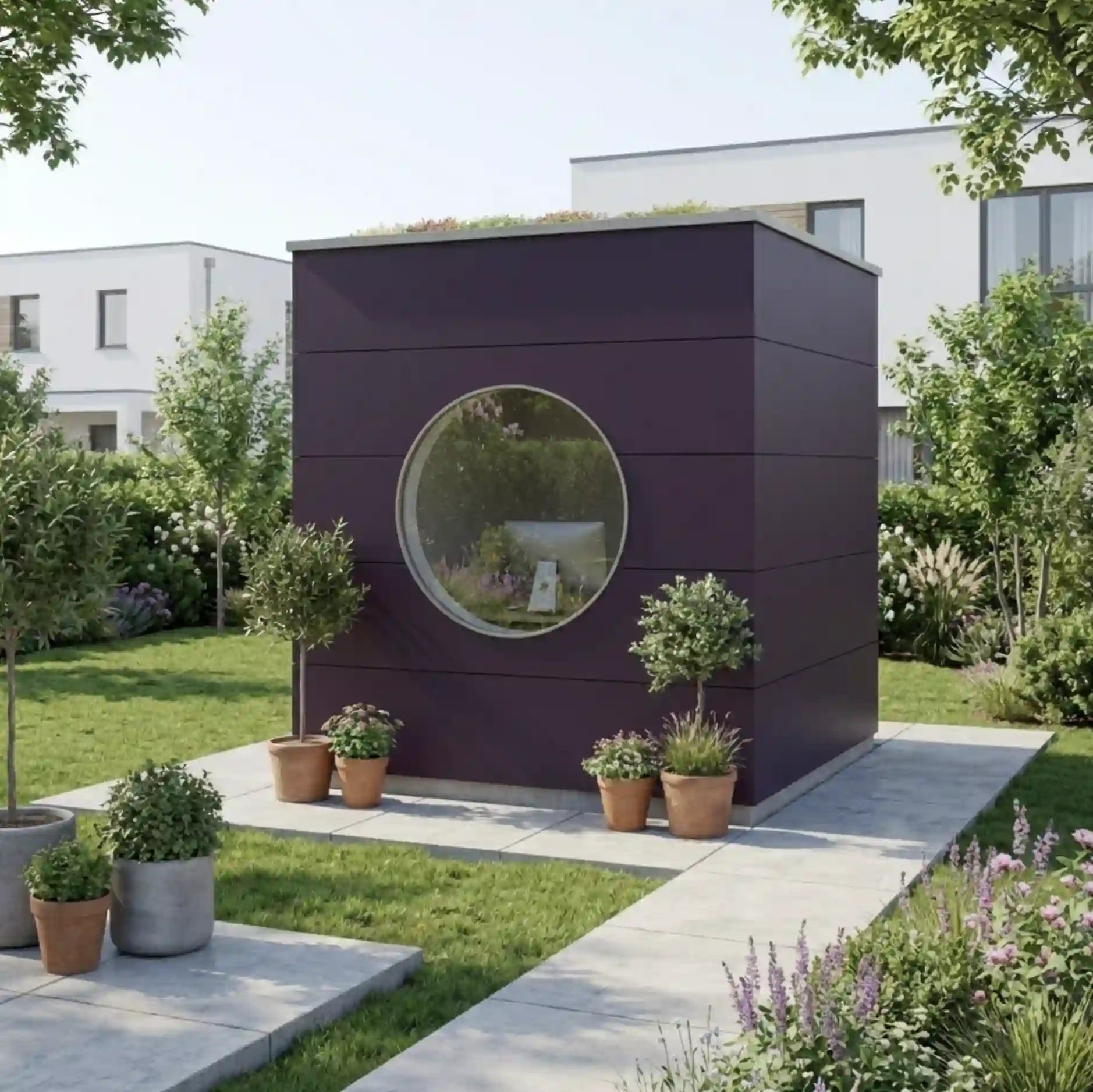 [KI-Bild] Office Kubus in lila mit Rundfenster im grünen Garten einer modernen Wohnsiedlung