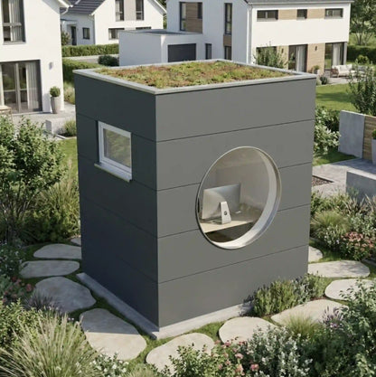 [KI-Bild] Office Kubus Gartenbüro mit Holzfassade in Anthrazit mit Rundfenster und Gründach in moderner Siedlung