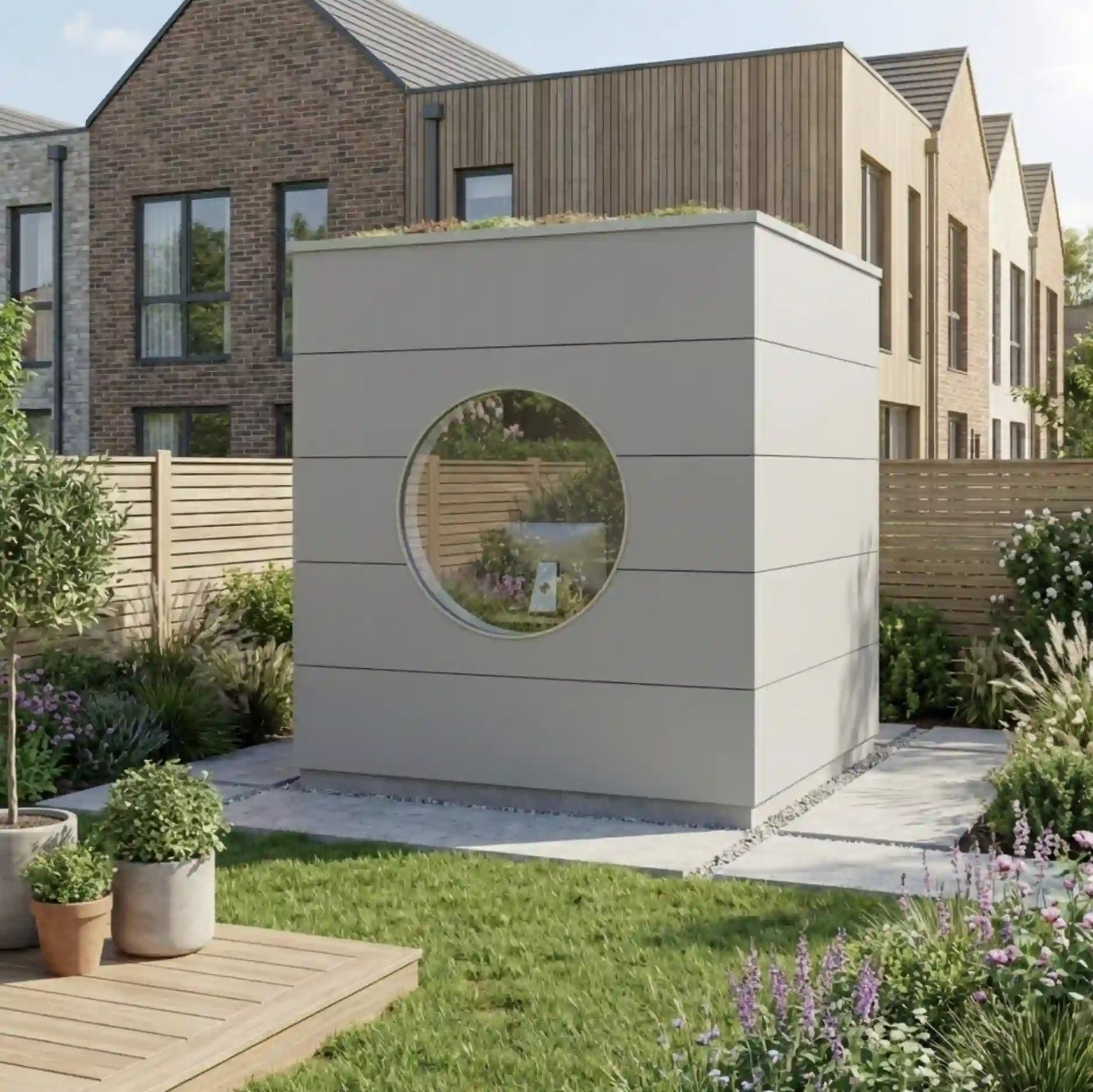 [KI-Bild] Office Kubus mit hellgrauer Holzfassade, großem Rundfenster und Gründach in kleinem Garten
