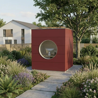 [KI-Bild] Office Kubus mit roter Holzfassade, Gründach und großem, runden Fesnter mit Blick in bepflanztem Garten