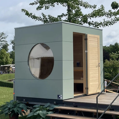 SAUNA KUBUS Basis – Gartensauna aus Holz für 1-4 Personen inkl. EOS Saunaofen in Rosa – 2,21 m x 2,08 m