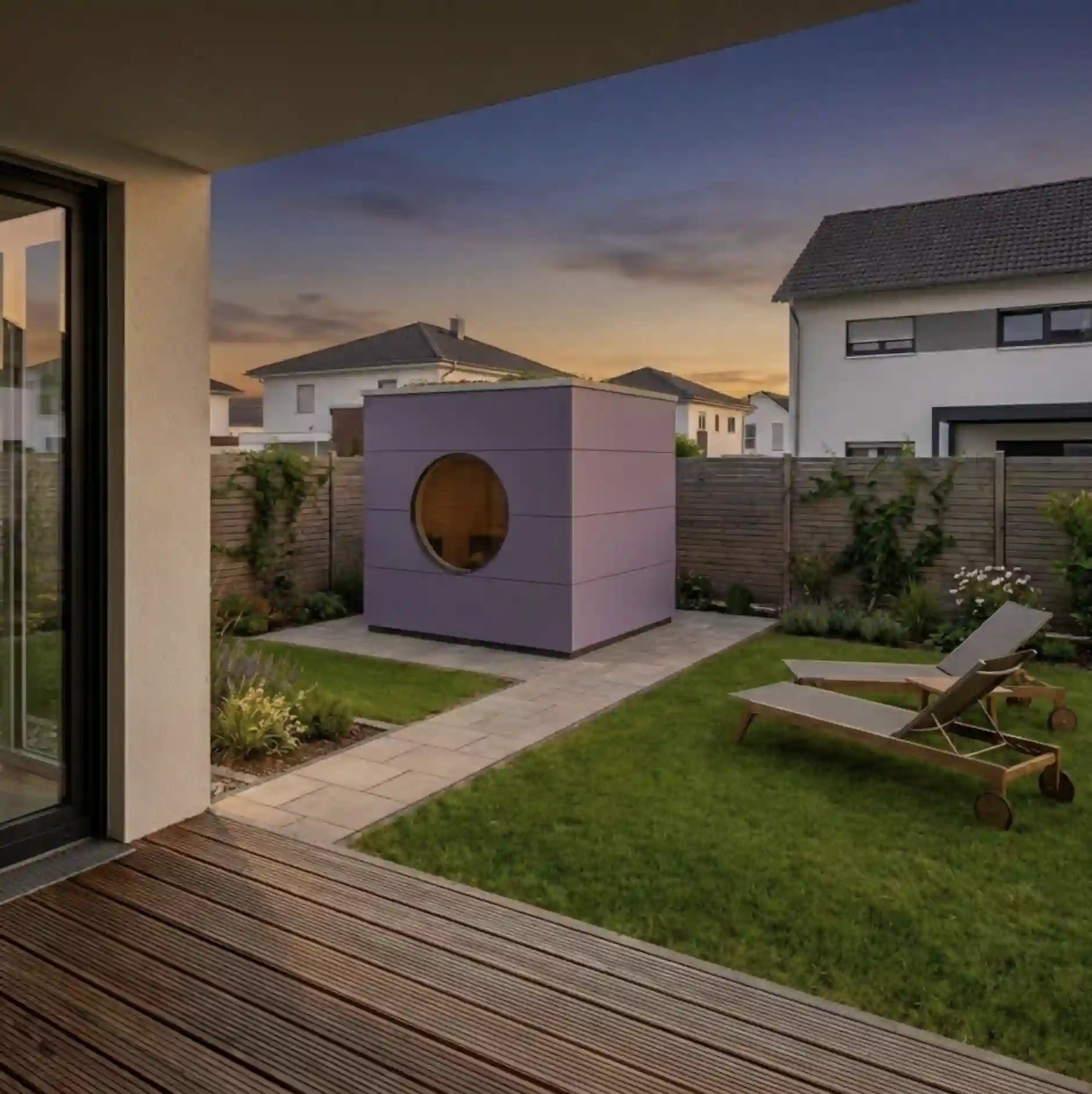 [KI-Bild] Sauna Kubus mit rosa Holzfassade und rundem Fenster im abendlichen Garten