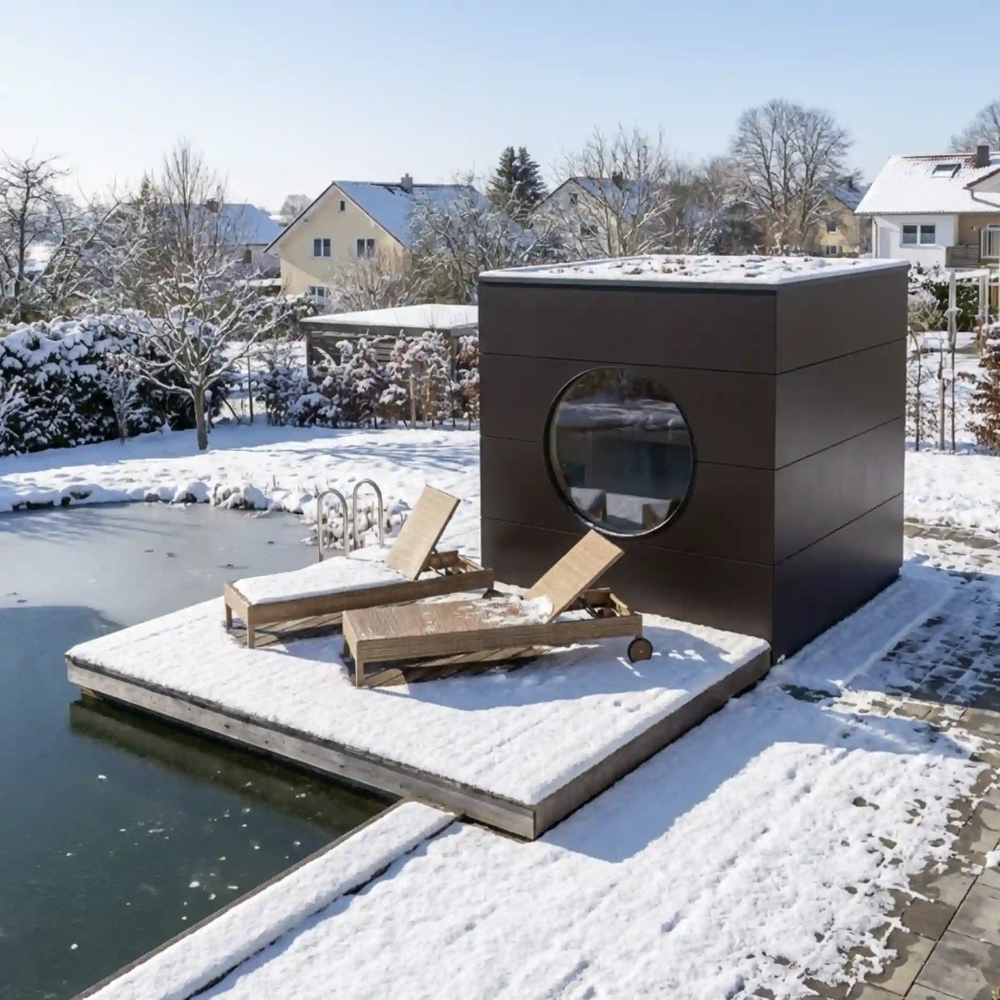 [KI-Bild] Sauna Kubus mit rundem Fenster, brauner Holzfassade und Terrasse im Winter neben Schwimmteich