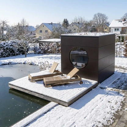 [KI-Bild] Sauna Kubus mit rundem Fenster, brauner Holzfassade und Terrasse im Winter neben Schwimmteich
