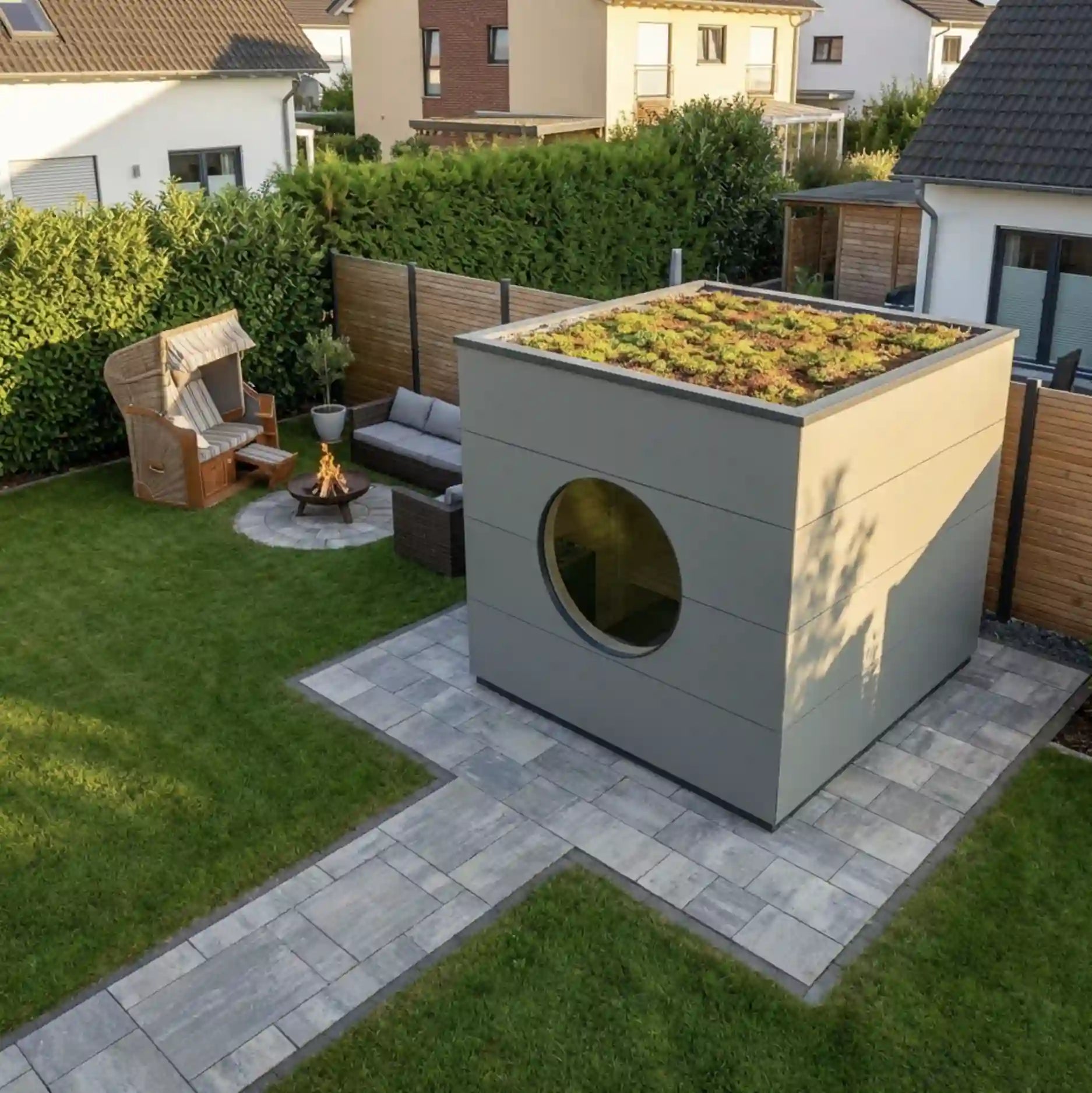 [KI-Bild] Sauna Kubus mit hellgrauer Holzfassade, Rundfenster und Gründach, daneben Loungebereich im Garten