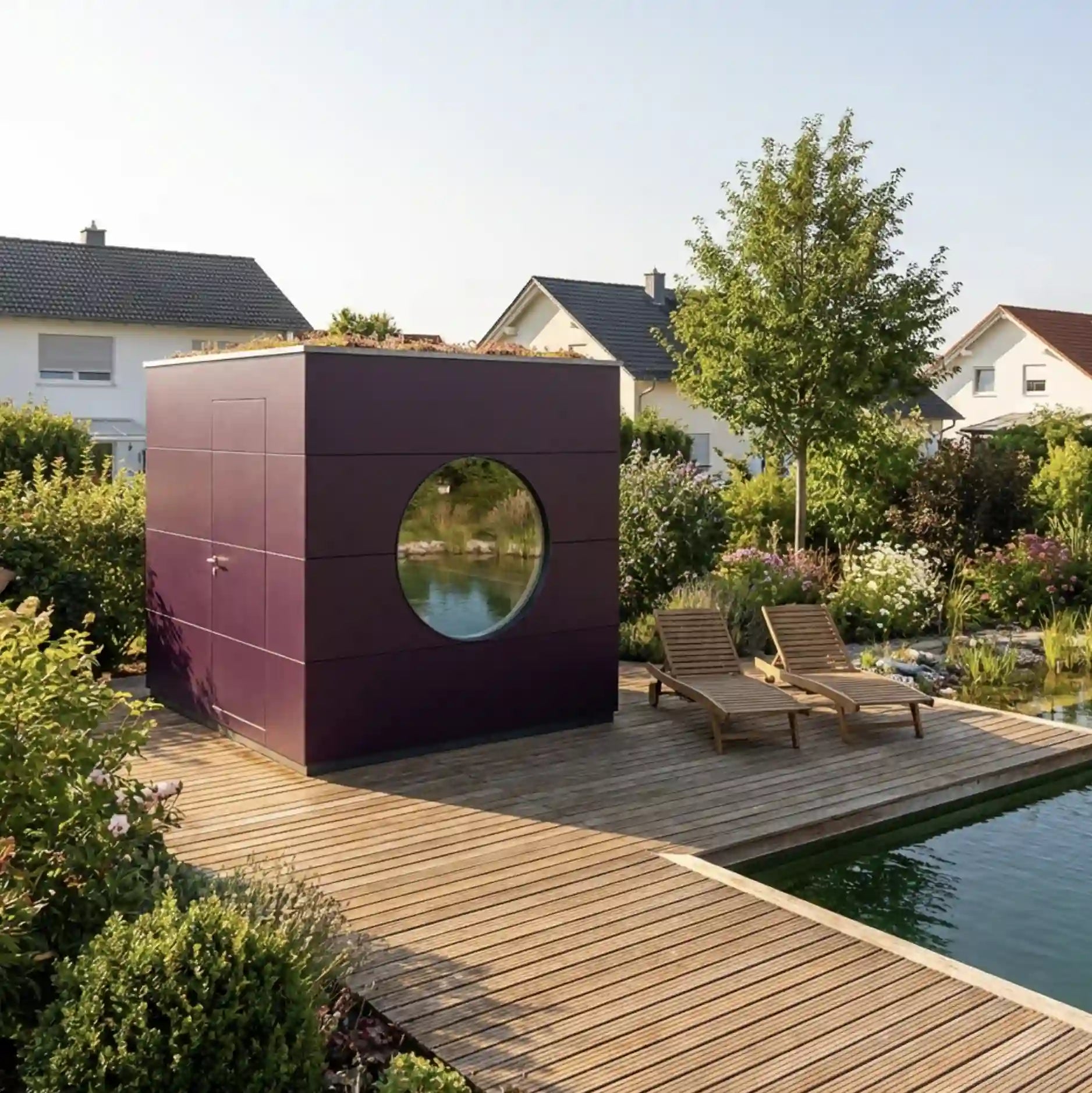 [KI-Bild] Sauna Kubus mit seitlicher Tür, lila Holzfassade, Rundfenster, Dachbegrünung und Holzterrasse am Schwimmteich