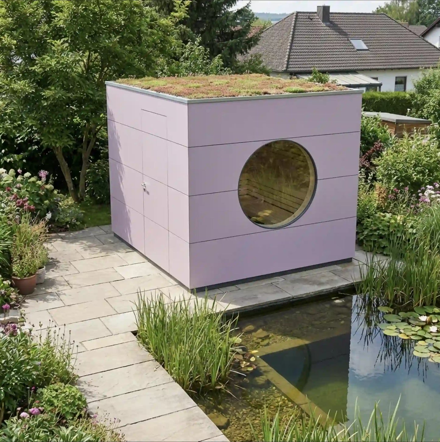 SAUNA KUBUS Basis – Gartensauna aus Holz für 1-4 Personen inkl. EOS Saunaofen in Rosa – 2,21 m x 2,08 m