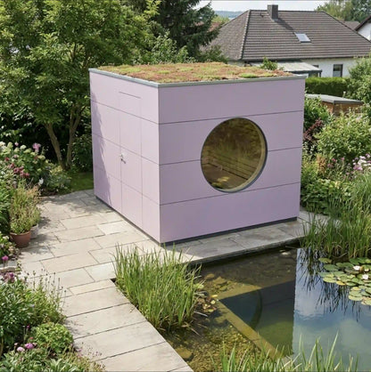 SAUNA KUBUS Basis – Gartensauna aus Holz für 1-4 Personen inkl. EOS Saunaofen in Rosa – 2,21 m x 2,08 m