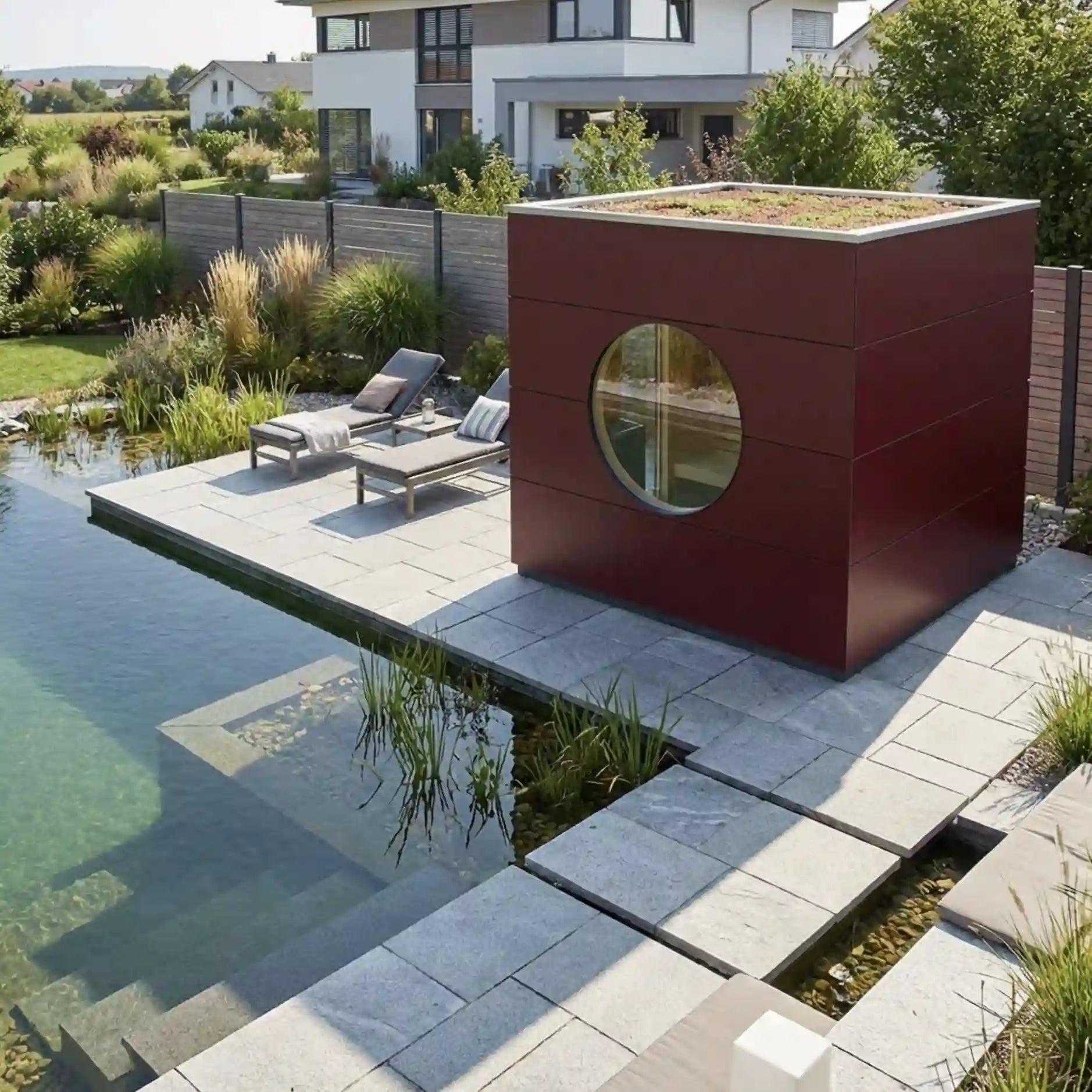 [KI-Bild] Sauna Kubus mit roter Holzfassade und großem Rundfenster in moderner Wohnsiedlung neben Schwimmteich