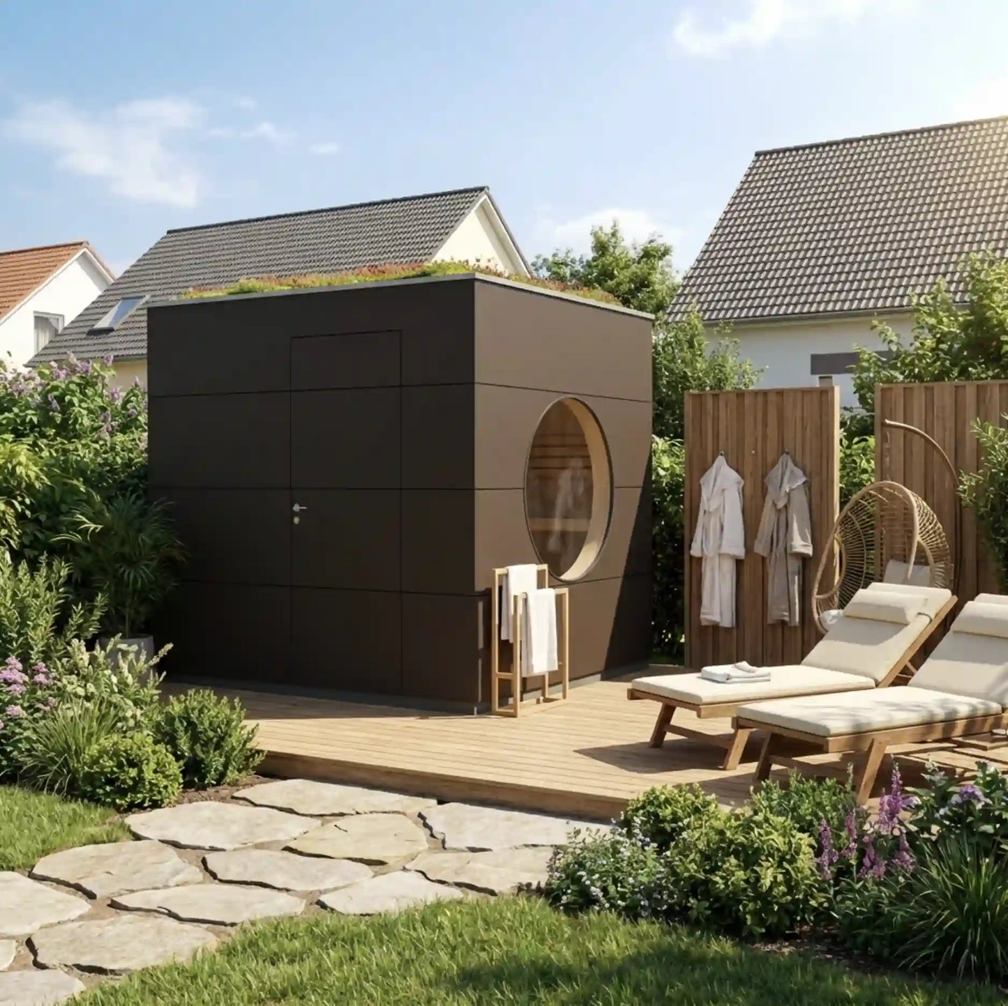 [KI-Bild] Sauna Kubus mit brauner Holzfassade, Rundfenster, Dachbegrünung und Holzterrasse mit Loungemöbeln