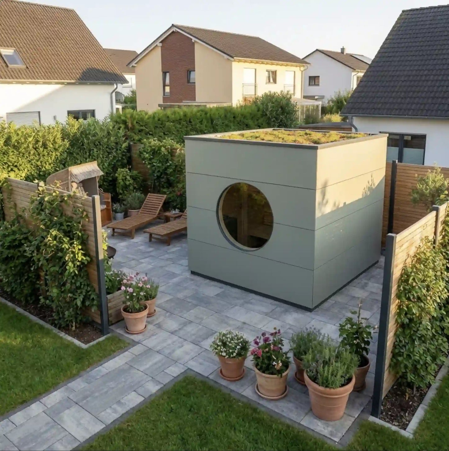 [KI-Bild] Sauna Kubus mit grüner Holzfassade und rundem Fenster auf Terrasse mit Sichtschutz und Pflanzen