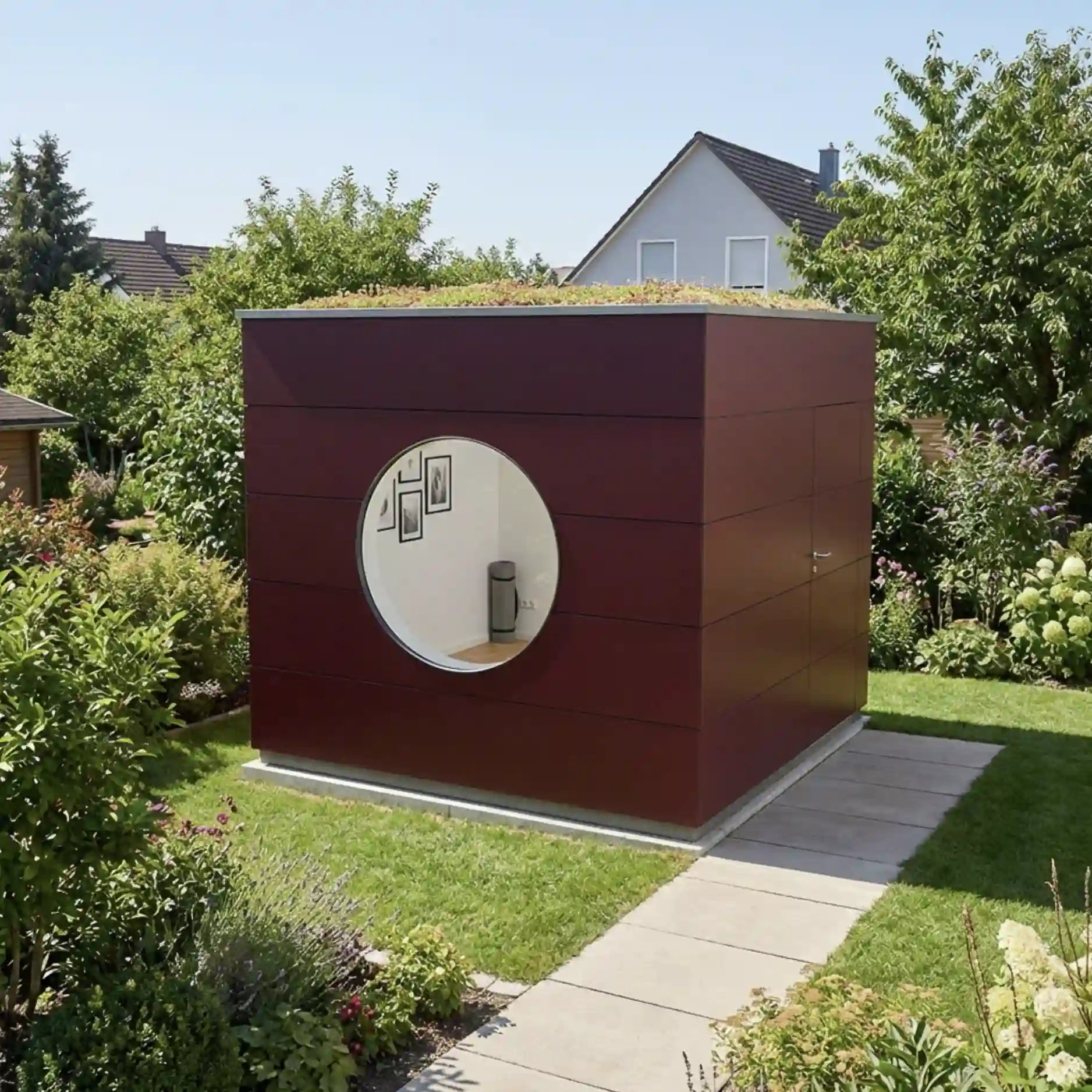 [KI-Bild] Wohn Kubus mit roter Holzfassade und Rundfenster, gentutz als Yogaraum im Garten