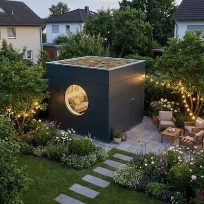 [KI-Bild] Wohn Kubus mit Holzfassade in anthrazit und großem Rundfenster in beleuchtetem Garten am Abend