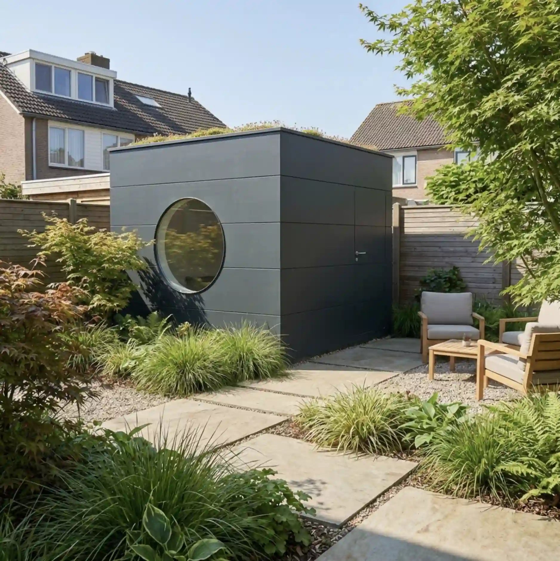 [KI-Bild] Wohn Kubus in anthrazit mit Rundfenster in kleinem Garten
