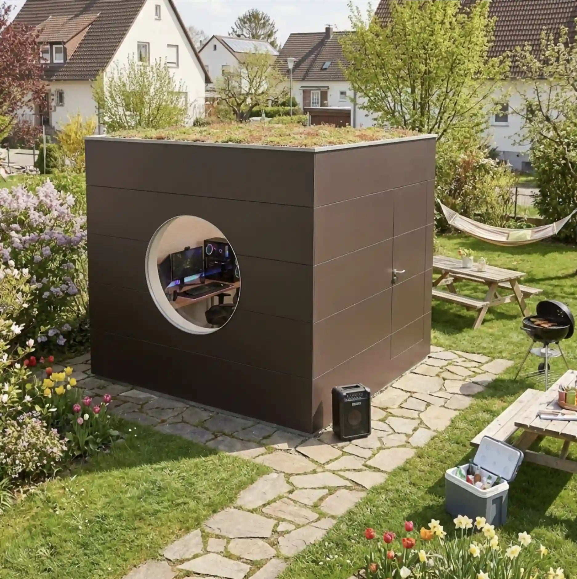 [KI-Bild] Wohn Kubus mit brauner Holzfassade und Rundfenster im Garten mit Grill, Tischen und Hängematte
