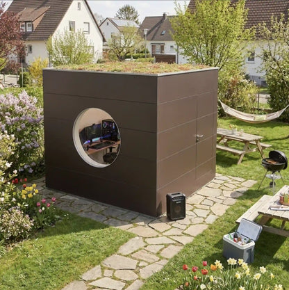 [KI-Bild] Wohn Kubus mit brauner Holzfassade und Rundfenster im Garten mit Grill, Tischen und Hängematte