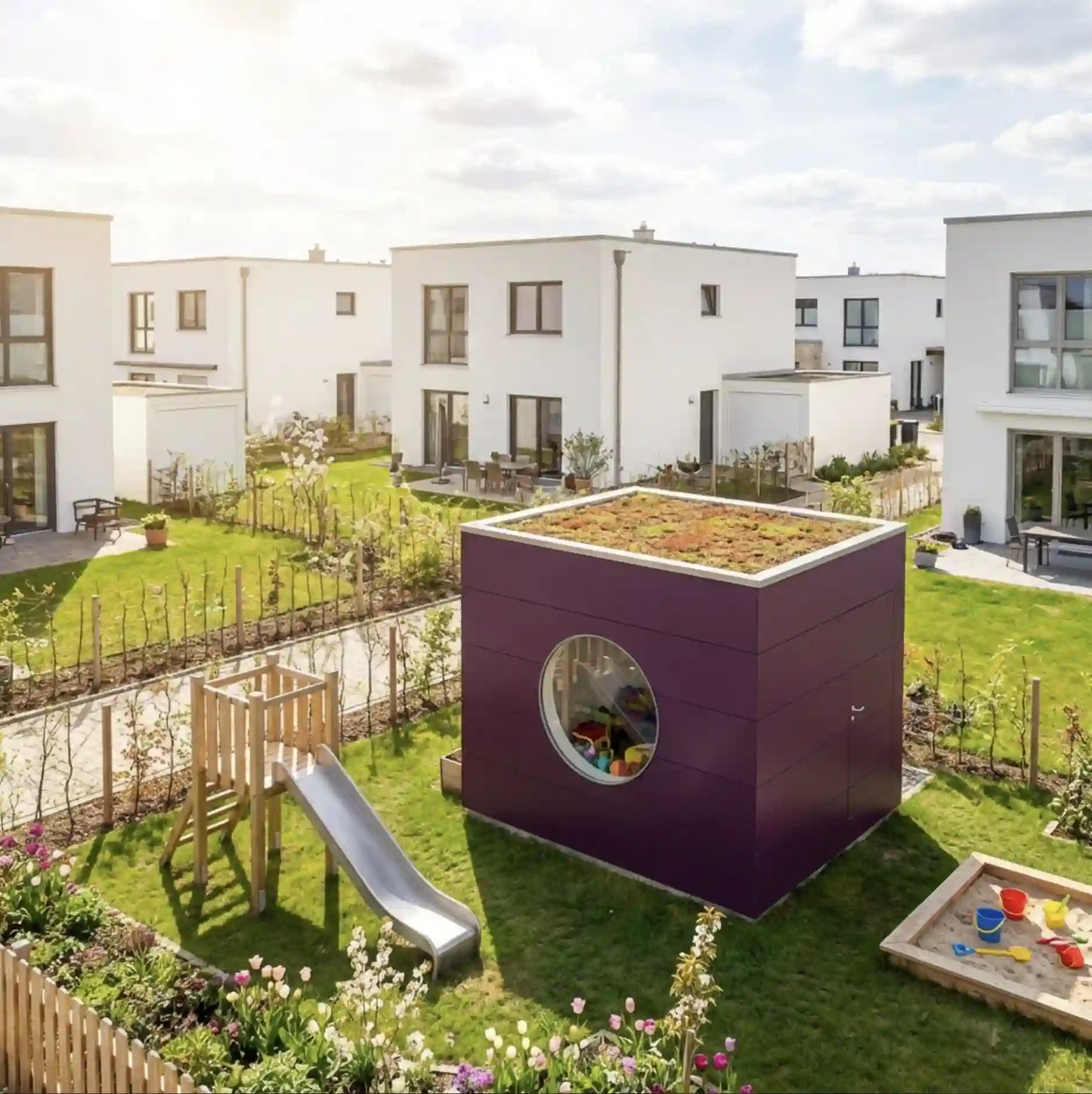 [KI-Bild] Wohn Kubus mit lila Holzfassade, Dachbegrünung und Rundfenster im Garten einer modernen Wohnsiedlung, als Spielzimmer genutzt