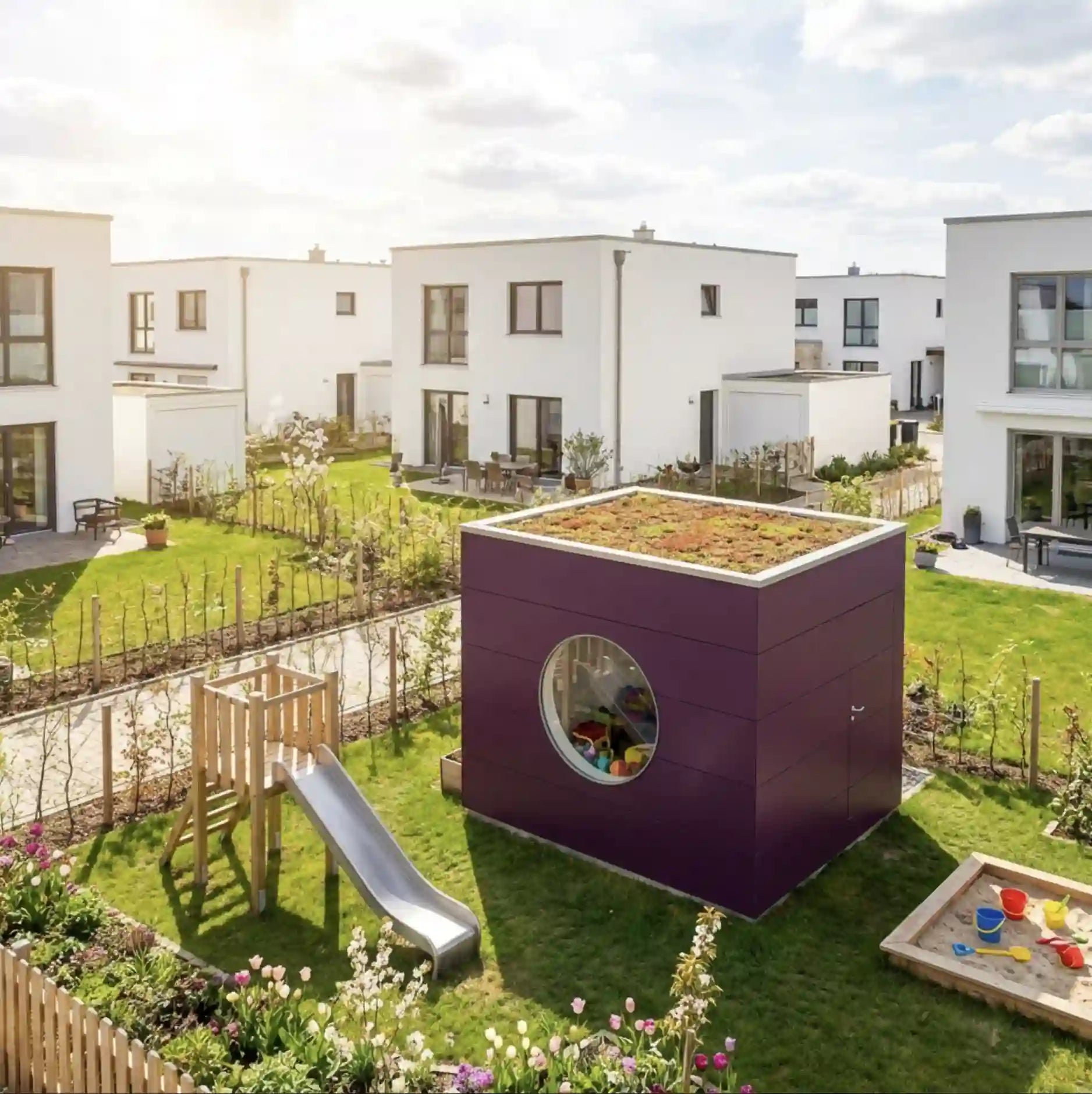 [KI-Bild] Wohn Kubus mit lila Holzfassade, Dachbegrünung und Rundfenster im Garten einer modernen Wohnsiedlung, als Spielzimmer genutzt