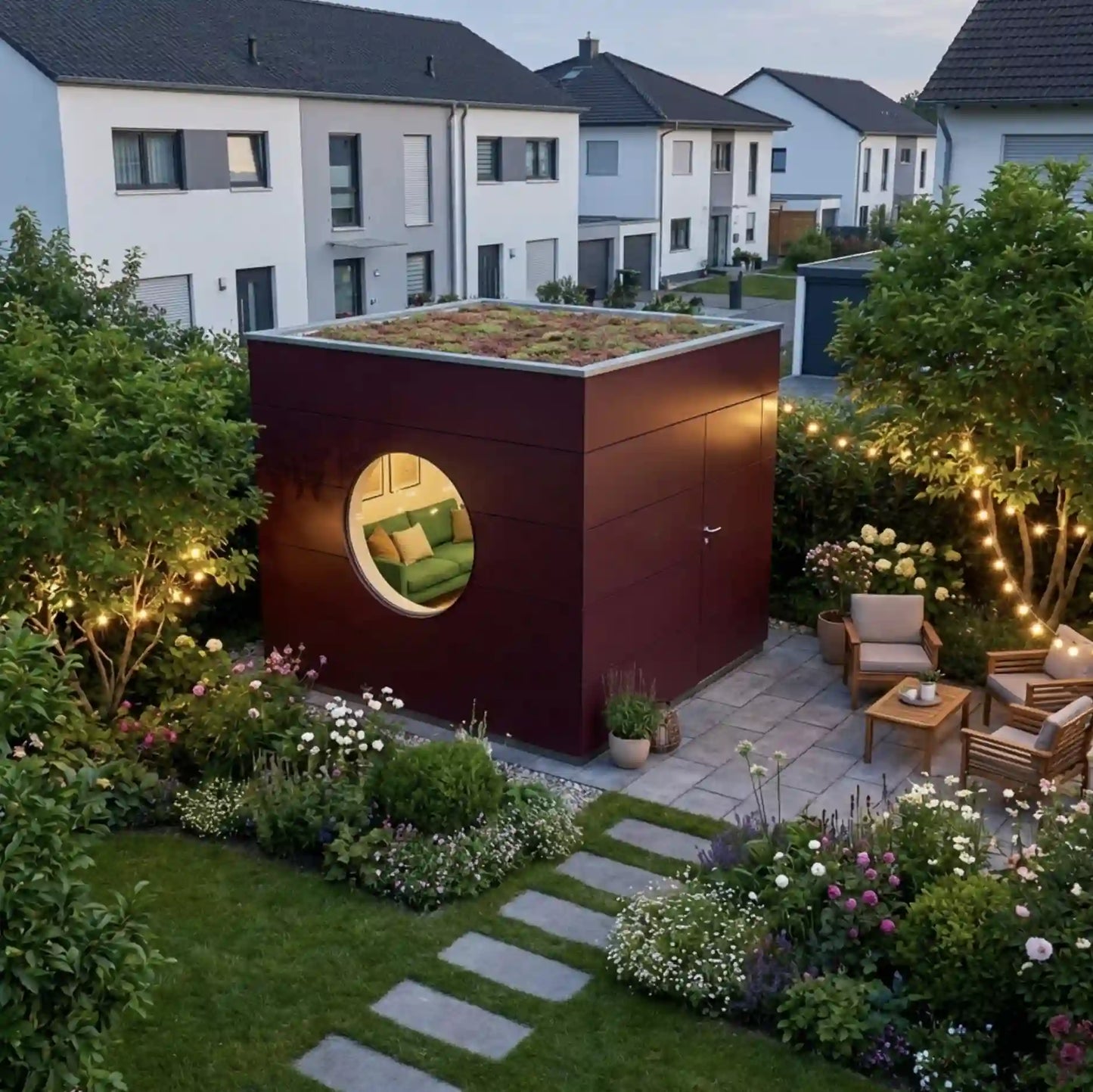 [KI-Bild] Wohn Kubus im abendlichen Garten mit roter Holzfassade und Rundfenster neben beleuchteter Terrasse