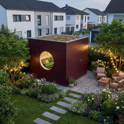 [KI-Bild] Wohn Kubus im abendlichen Garten mit roter Holzfassade und Rundfenster neben beleuchteter Terrasse