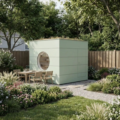 [KI-Bild] Wohn Kubus mit grüner Holzfassade, Dachbegrünung und Rundfenster mit Blick auf Esstisch und Pflanzen im Garten